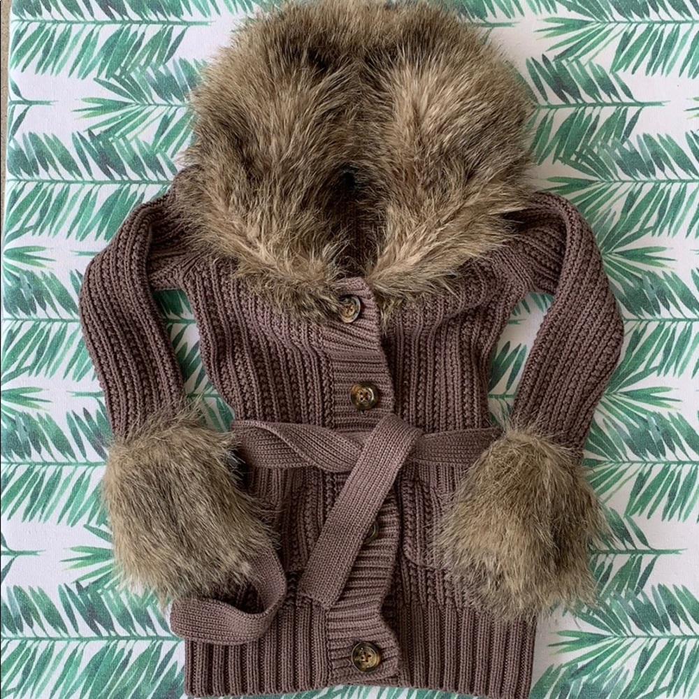 GAP Brown Knit Sweater jacket  with Faux Fur Trim vintage
